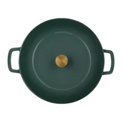 Combekk emaloitu valurautapata Ø32 cm, Holly Green-gold nuppi