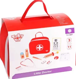 Doktorsväska med tillbehör i trä, stetoskop mm. 11 delar Tooky Toy