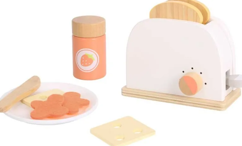 Leksaksbrödrost trä med brödskivor, pålägg Tooky Toy
